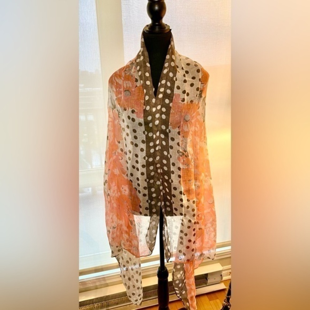 🆕Floral & polkadot lightweight pashmina /scarf/wrap, in peachy pink/brown/white